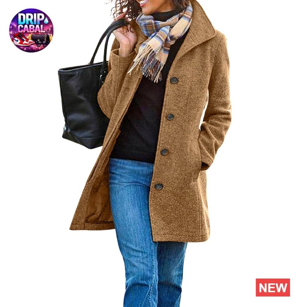 Classic Wool Pea Coat Mid Length Single Breasted Stand Collar Elegant Casual